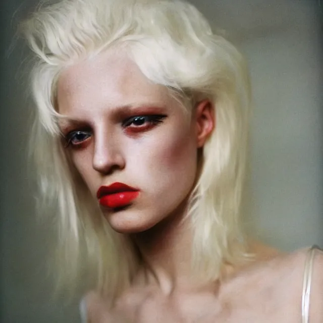 Image similar to a color photograph of a non binary model, platinum blonde, by nan goldin, intense, bold, hyperrealistic, ultra sharp, extra details, ultra high quality, trending on pinteresst