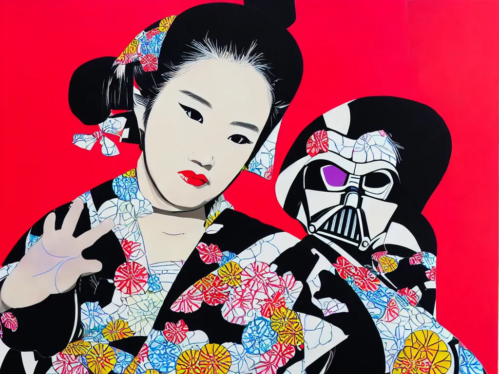 Image similar to hyperrealism composition of the detailed woman in a japanese kimono sitting at an extremely detailed poker table with darth vader, fireworks on the background, pop - art style, jacky tsai style, andy warhol style, acrylic on canvas