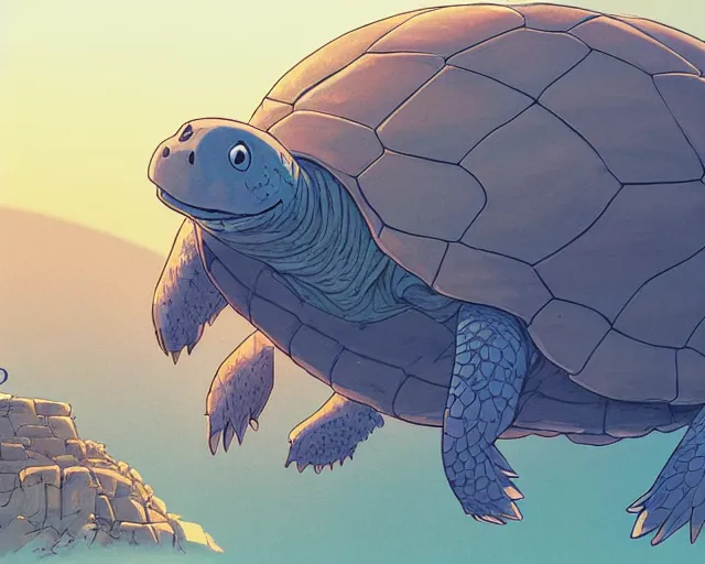 Prompt: a cell shaded cartoon giant turtle from howl's moving castle ( 2 0 0 4 ), on a desert road, illustration, wide shot, subtle colors, post grunge, concept art by josan gonzales and wlop, by james jean, victo ngai, highly detailed, sharp focus, trending on artstation, hq, deviantart, art by artgem