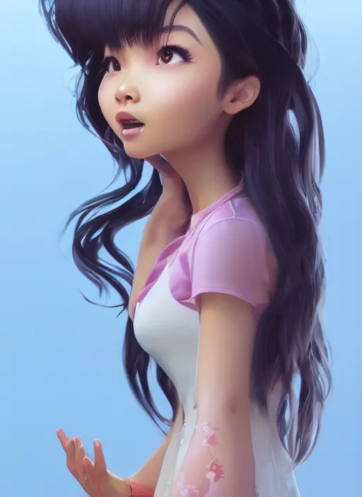 Image similar to a cute asian girl singing, flowing hair in the style of pixar animation, full body shot, award winning, hyper detailed, studio lighting, artstation, octane renderer, unreal engine