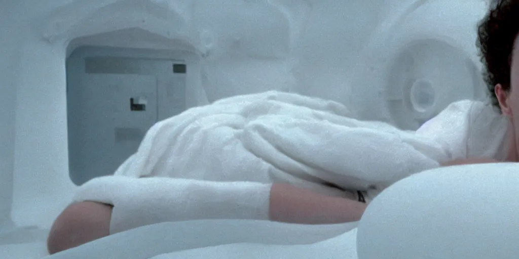 Prompt: a tight shot of Ripley sleeping inside an all-white room of cryogenic sleeping pods with glass covers by Ridley Scott, Alien movie, grainy, bluish and cream tones