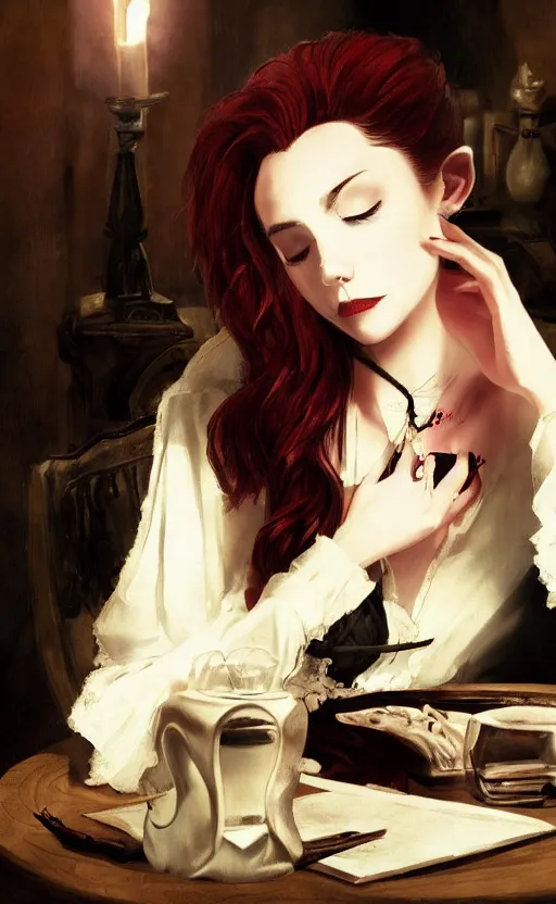 Image similar to a beautiful lady vampire falling asleep at a table, cinematic, art, epic, digital masterpiece, romantic lighting