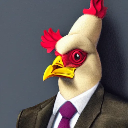 Prompt: a high detail shot of a chicken wearing a suit, realism, 8k