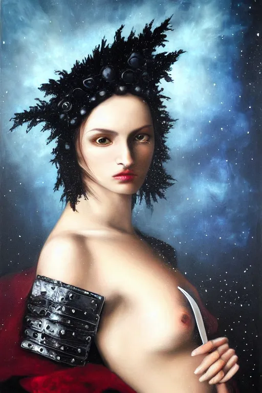 Image similar to hyperrealism oil painting, close - up portrait of european medieval brunette vampire fashion model, knight, steel gradient mixed with nebula sky, in style of baroque