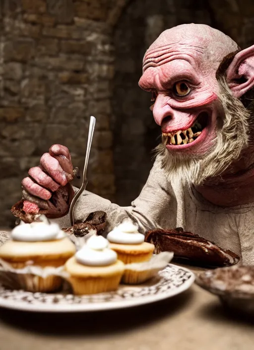 Image similar to closeup portrait of a medieval goblin eating cakes in the cloisters, depth of field, zeiss lens, detailed, symmetrical, centered, fashion photoshoot, by Annie Leibovitz and Steve McCurry, David Lazar, Jimmy Nelsson, Breathtaking, 8k resolution, extremely detailed, beautiful, establishing shot, artistic, hyperrealistic, beautiful face, octane render