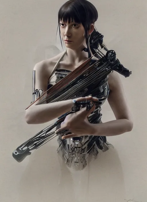 Image similar to portrait of a futuristic female violinist cyborg, in the style of ghost in the shell, kintsugi, modern fine art, fractal, intricate, elegant, highly detailed, digital photography, subsurface scattering, by jheronimus bosch and greg rutkowski,