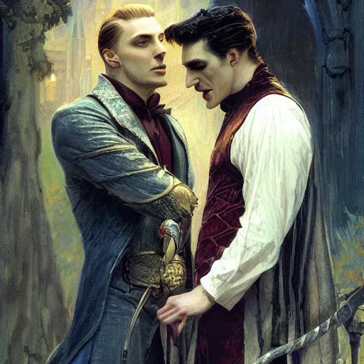 Image similar to attractive male, arthur pendragon confesses his love to attractive male dracula the vampire. highly detailed painting by gaston bussiere, craig mullins, j. c. leyendecker 8 k