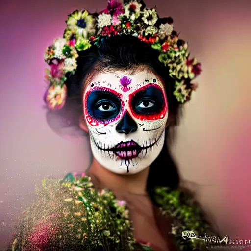 Image similar to canon mark 5, motion blur, realistic character portrait photo of a beautiful mexican girl, day of the dead makeup, muted colours, by britt marling, glitter storm