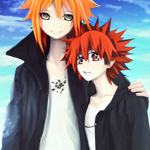 Image similar to orange - haired anime boy, 1 7 - year - old anime boy with wild spiky hair, standing next to 1 7 - year - old pale - skinned persian girl with black long bob cut, long bangs, black gothic jacket, ultra - realistic, sharp details, subsurface scattering, blue sunshine, intricate details, hd anime, 2 0 1 9 anime