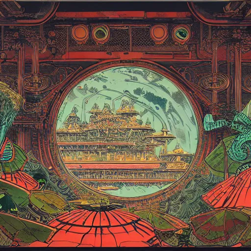 Prompt: Ukiyoe Thanjavur painting of atompunk dystopian retrofuture victorian hollow earth dungeon illustrated by Eddie Mendoza ,Maximalism, Art Nouveau