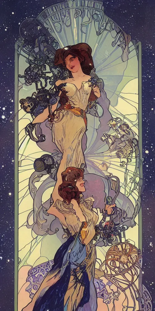 Image similar to a woman wearing outer space as a dress and pouring water from a vase into the milky way, by joe madura, by alphonse mucha, battle chasers.