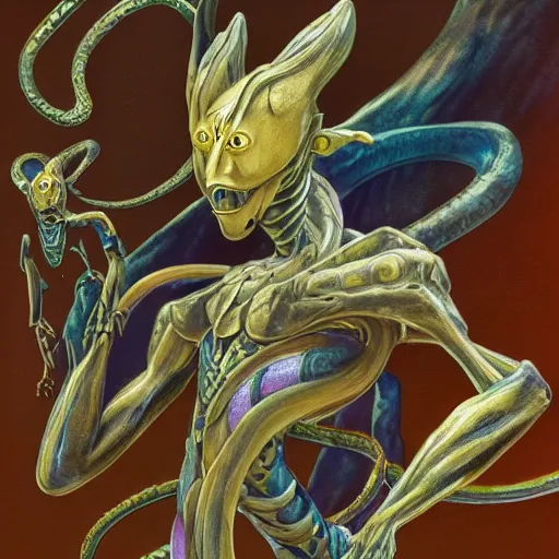 Image similar to concept design sketches for a character that is an ethereal humanoid snake with hands, golden scales and blue accents scattered in its design, art by yuji ikehata and satoshi kon, background art by miyazaki, realism, proper human male proportions, fully clothed, dungeons and dragons, anime