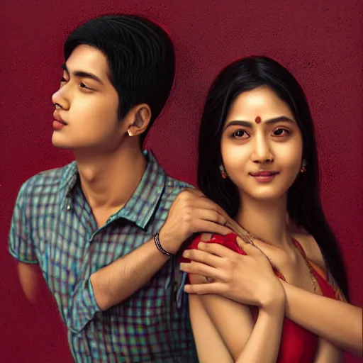 Image similar to perfectly centered symmetrical split male and female portrait of indian romance couple man and woman in love sharing one heart ; digital artwork by'kyuyong eom'and artgerm, photorealistic, highly detailed ; trending on artstation