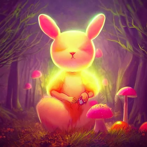 Image similar to a glowing luminous bunny surrounded by luminous pink orange yellow flowers and mushrooms in an enchanted forest trending on artstation hdr instagram photo fantasy art