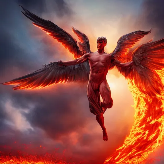 Image similar to cinematic full body shot of a beautiful stunning male angel flying over hell, that's a beautiful stunning male angel, hell is on fire with lava everywhere, elegant pose, flying, detailed arms, streamlined white armor, two arms, two legs, detailed fanart, macro art, realistic digital art, DeviantArt, artstation, 3D realistic, 8k HD, octane render