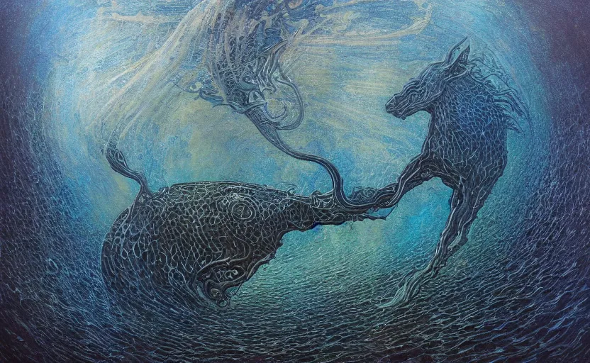 Image similar to a painting of a Kelpie underwater, an ultrafine detailed painting by John Howe, by György Vastagh, by Jeffrey Smith, behance contest winner, space art, acrylic pour, lovecraftian, cosmic horror, biomorphic, hyper realsim