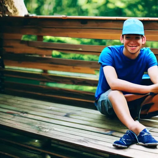 Prompt: photograph of a young man with a backward hat sitting on outdoor wooden bleachers next to a radio
