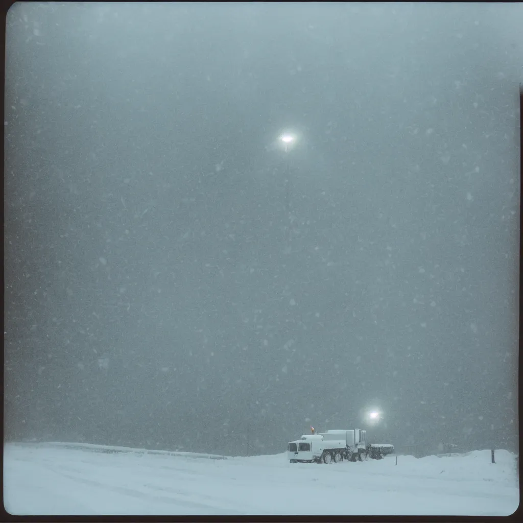 Image similar to photo, big snow plow truck is in the distance with a bright headlighta. cold color temperature, snow storm. hazy atmosphere. humidity haze. kodak ektachrome, greenish expired film, award winning, low contrast,