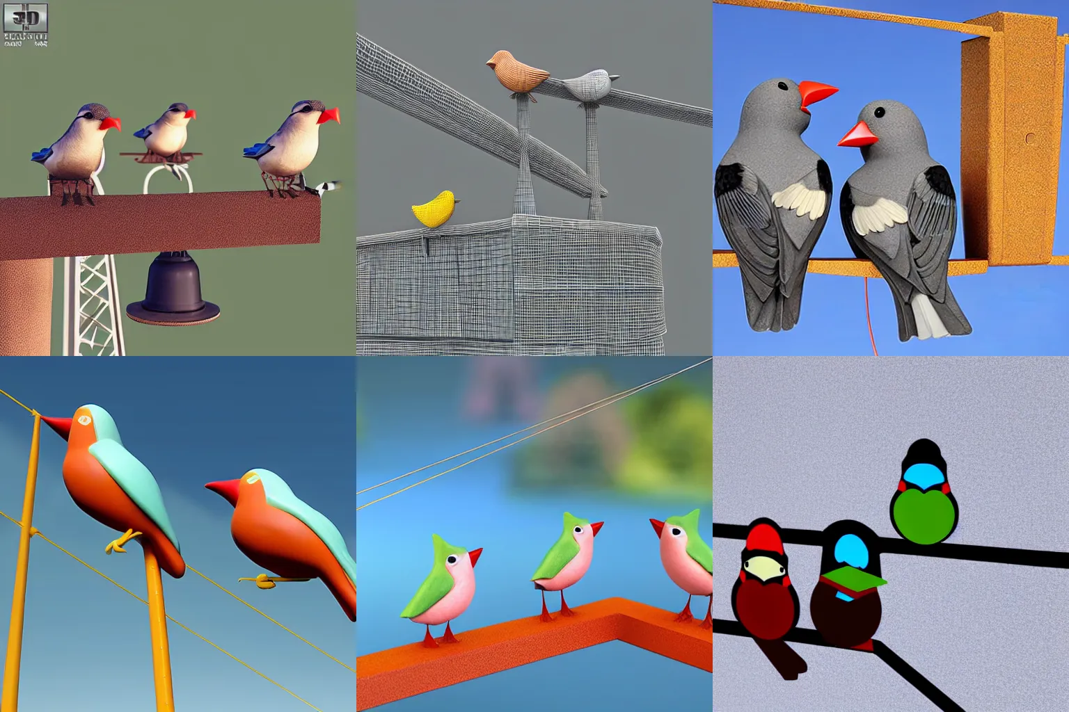 Prompt: Birds gossiping while sitting on a power line, 3D characters, detailed.