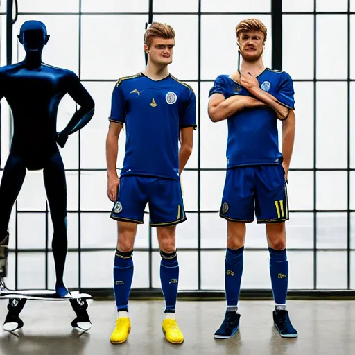 Image similar to a realistic detailed photo of a guy who is an attractive humanoid who is half robot and half humanoid, who is a male android, soccer players martin ødegaard & timo werner, shiny skin, posing like a statue, blank stare, in a factory, on display, showing off his muscles, gold soccer shorts, side view, looking at each other mindlessly