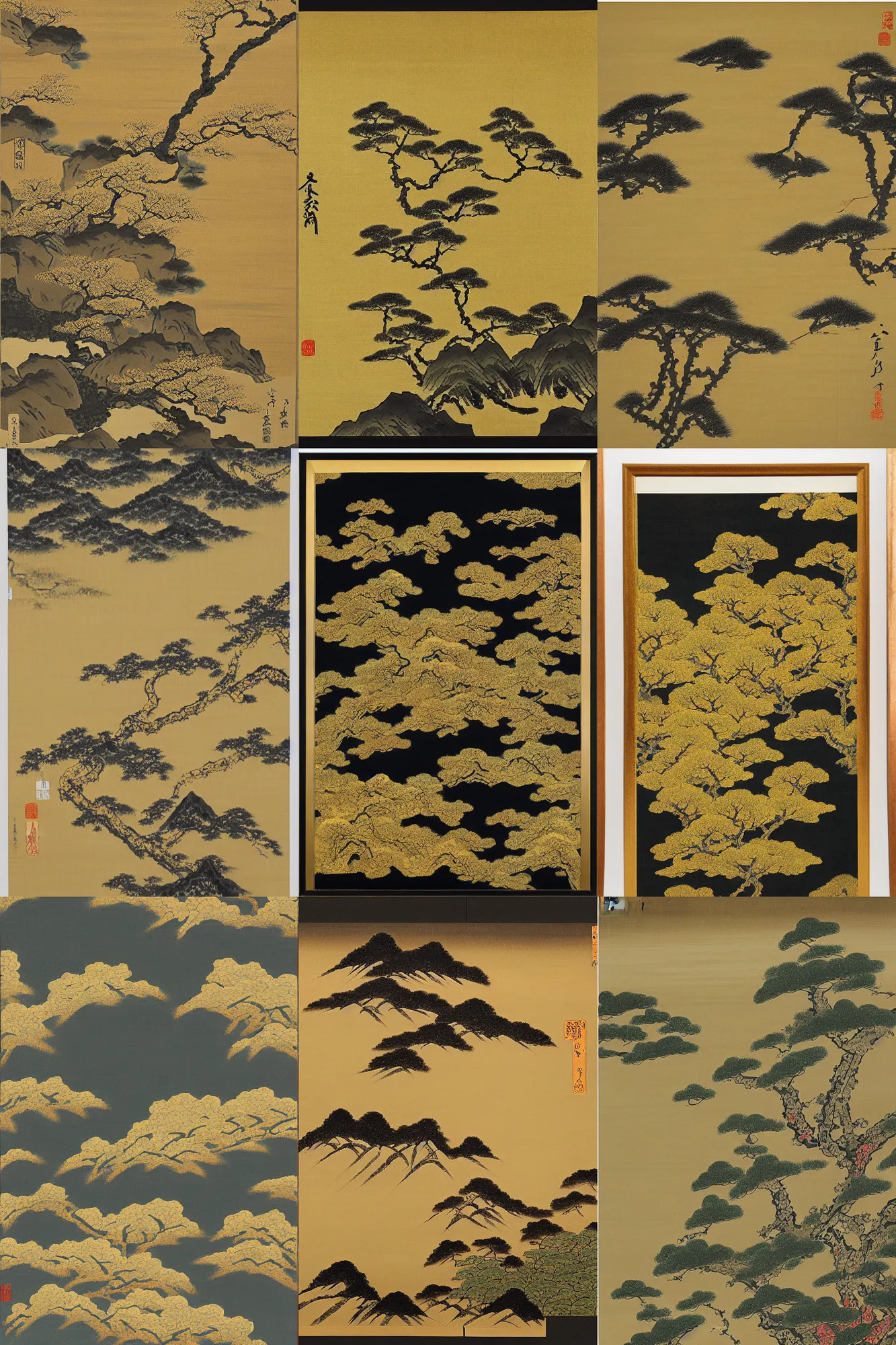 Prompt: japanese painting of a landscape by kano sanraku, soami in the style of nihonga, gold leaf painting, fractal art