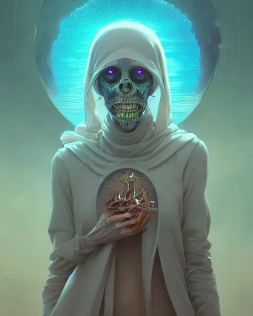 Image similar to highly detailed surreal vfx portrait of a oceanpunk grim reaper, stephen bliss, unreal engine, greg rutkowski, loish, rhads, beeple, makoto shinkai and lois van baarle, ilya kuvshinov, rossdraws, tom bagshaw, alphonse mucha, global illumination, detailed and intricate environment