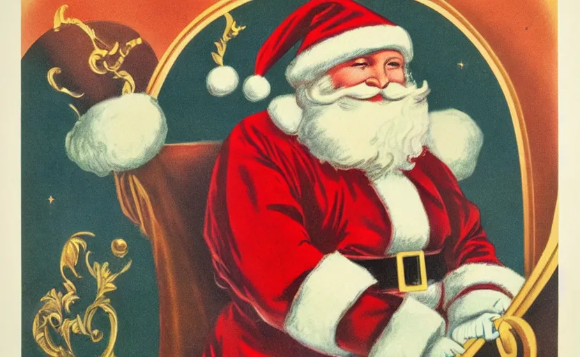 Image similar to color art deco lithograph of santa clause by adolphe millot