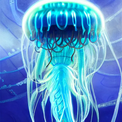 Prompt: Panorama hyper detailed painting of a cyberpunk jellyfish, blue tones, underwater, 8 mm, highly detailed, digital painting, artstation, concept art, smooth, sharp focus, illustration, art by artgerm and greg rutkowski and alphonse mucha W 2000