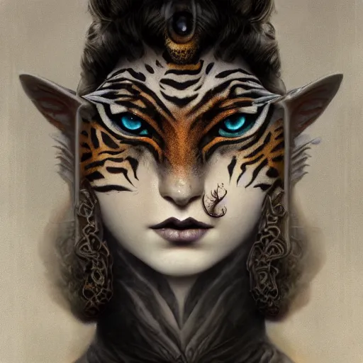 Image similar to tom bagshaw, soft painting portrait fractal curiosities carnival, very beautiful female mutation tigress in full ornated nightshade gothic armor, accurate features, focus, very intricate ultrafine details, black white purple volumetric clouds, award winning masterpiece, octane render 8 k hd