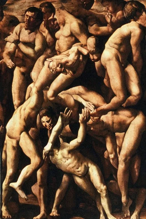 Image similar to a scene of a la giornata ( 1 9 6 6 ) a movie of antonioni starring mastroianni in the style of the last judgement by michelangelo. technicolor, grandiose, cinematic, 5 0 mm, highly detailed, romantic