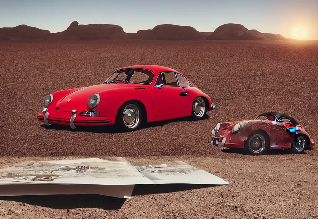 Image similar to “a red porsche 356 is parked in the middle of the desert, a matte painting by Scarlett Hooft Graafland, featured on unsplash, australian tonalism, anamorphic lens flare, cinematic lighting, rendered in unreal engine”