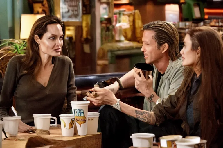 Image similar to Angelina Jolie, The Predator, best friends, drinking coffee at central perk, still photo, hyperrealistic, 35mm, 8k, by weta digital