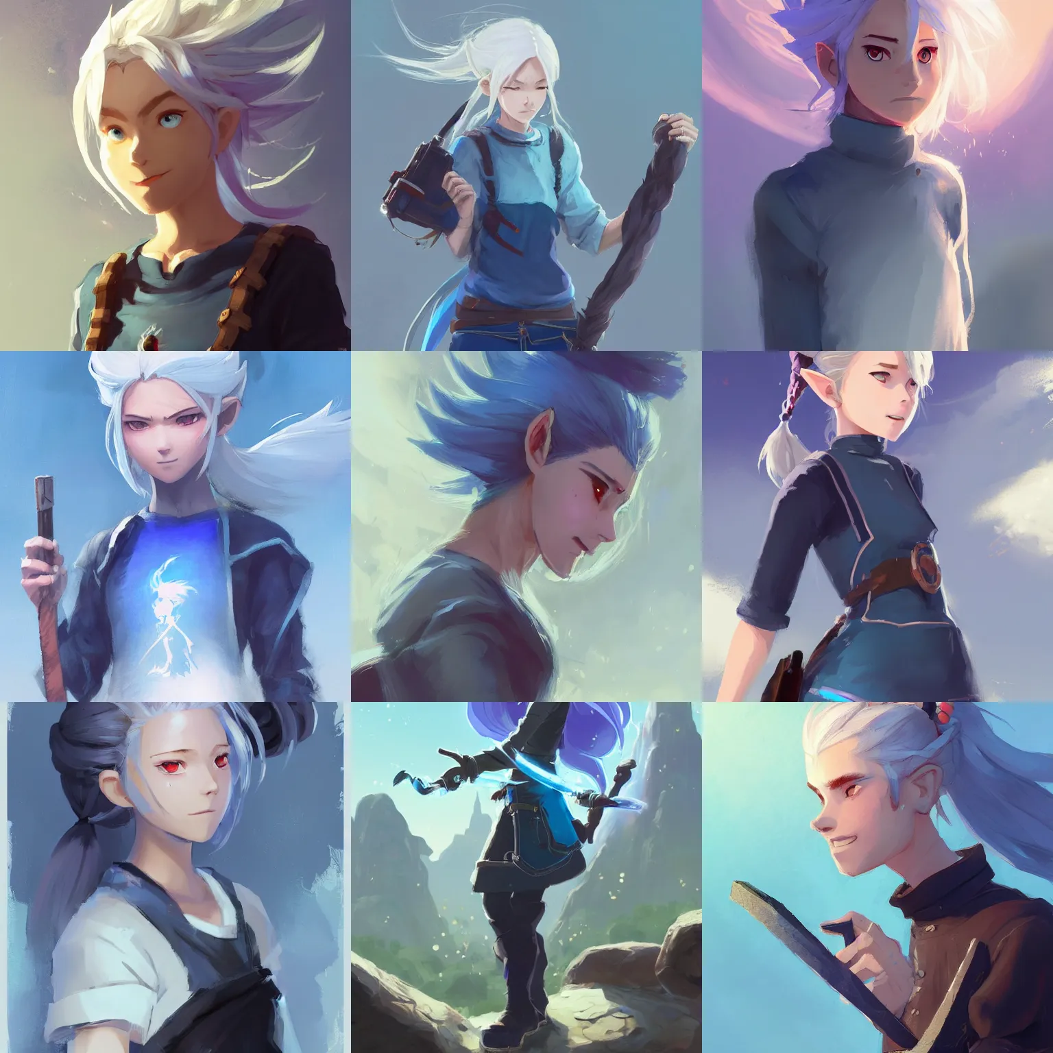 Prompt: a girl sorcerer with white hair in a hairbun, blue jeans, and a black tshirt. hairstyle like messy bun by Andreas Rocha, guillaume tholly, Gthl.art, Makoto Shinkai, genshin impact, Breath of the wild, studio ghibli. Trending on ArtStation. award winning