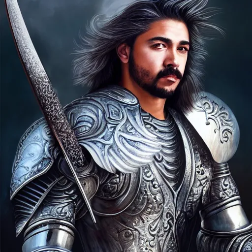 Image similar to a masterpiece ultrarealistic ultradetailed portrait of full silver armored magic knight strong mullet hispanic man with giant axe baroque renaissance. wide angle, intricate, elegant, by stanley artgerm lau, wlop, rossdraws, james jean, andrei riabovitchev, marc simonetti, background by james jean, light by julie bell, porcelain skin. global illumination. vfx