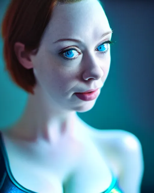 Image similar to perfectly - centered!! looking at the camera!!! full upper body photograph of young christina hendricks, sweaty, oily skin, bright lighting, godrays, intricate abstract upper body, zeiss lens, cinematic lighting, sharp focus, bokeh, smooth, filmstill, photography, hyper realism, iridescent accents