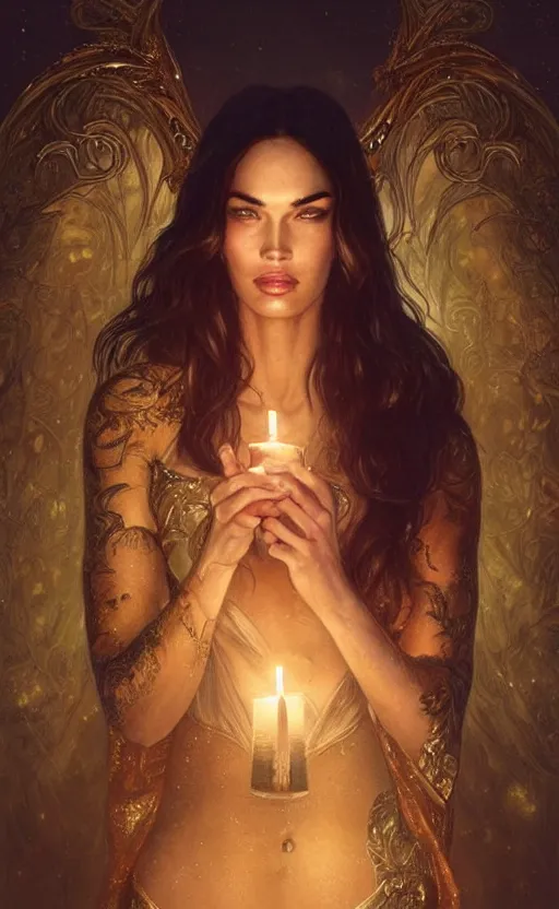 Image similar to masterpiece of megan fox with beautiful hands close to a candle in dark room, cinematic, powerful, moon beams dramatic light, highly, intricate gold elements, hollow souls, detailed, digital painting, artstation, concept art, sharp focus, illustration, art by artgerm and greg rutkowski and alphonse mucha