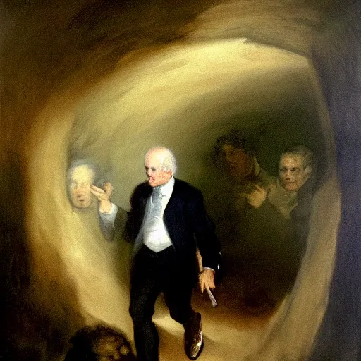 Image similar to president biden emerging from an underground white house, francisco goya oil painting