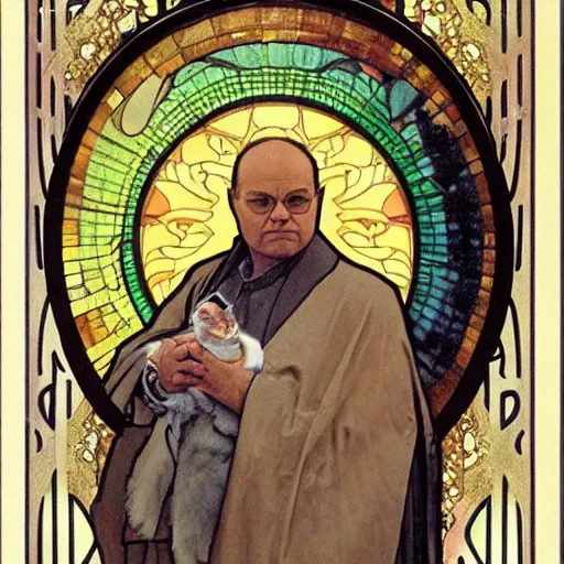 Image similar to “ george costanza from seinfeld holding grumpy cat above his head, holy light, art nouveau, by alphonse mucha ”