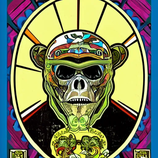 Image similar to ape monkey portrait skull bones in the style of Alphonse Mucha pop art