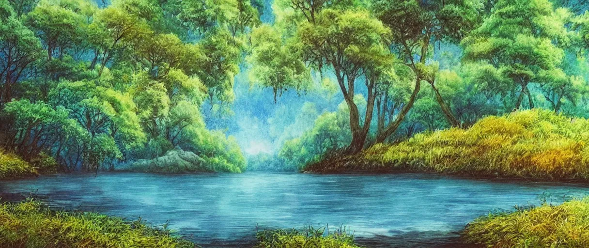Image similar to a beautiful unique landscape photo influenced by bob ross. photo - realistic. adventure backround bob environment forest germany jungle lake landscape lordoftherings nature painterly painting peacefull quiet relaxing river ross sea sketching sketchy study tree trees woods zeland thumler minzketchbook new