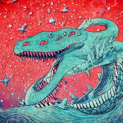 Image similar to anaglyph filter, underwater photography meticulous by tove jansson. a art installation of a dragon in space. the dragon is in the foreground with its mouth open rows of sharp teeth. coiled & ready to strike, its tail is wrapped around a star in the background. background is full of stars & galaxies.