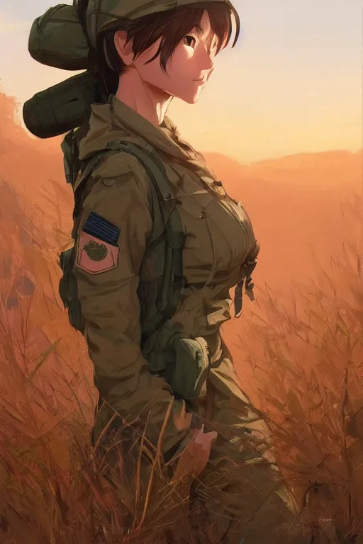 Image similar to a female soldier hiking in the savannah, mid shot, fine - face, realistic shaded perfect anatomy, fine details. sunset. very anime style. realistic shaded lighting poster by ilya kuvshinov katsuhiro, magali villeneuve, artgerm, jeremy lipkin and michael garmash, rob rey and kentaro miura style, trending on art station