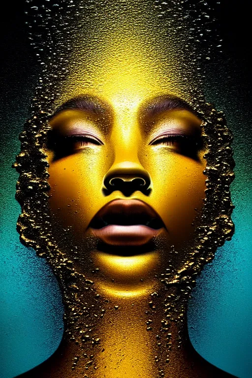 Image similar to hyperrealistic modern cinematic very expressive! profile black oshun goddess, head emerging from water, mirror dripping droplet!, gold flowers, highly detailed face, digital art masterpiece, smooth eric zener cam de leon, dynamic pearlescent teal light, low angle uhd 8 k, sharp focus