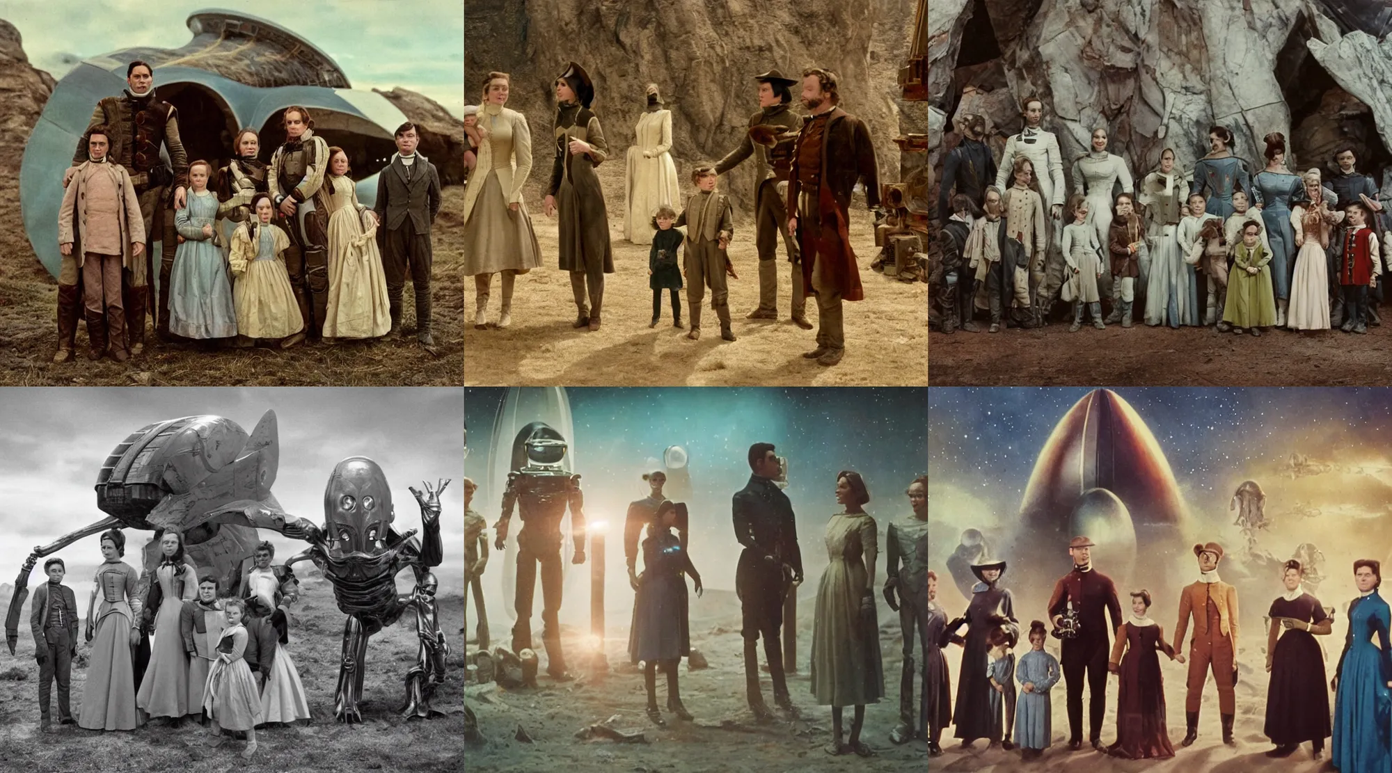 Prompt: 16k film still from a sci fi blockbuster color movie made in 2022, set in 1860, of a family standing in front of a spaceship that has just landed on an alien planet, a humanoid alien creature stands nearby, the family are all wearing 1850s era clothes, cinematic lighting, cinematic camera, cute human faces, extremely good lighting, good photography, winner of seven oscars