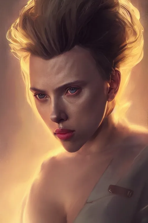 Prompt: a fancy portrait of a Scarlett Johansson as half human half robot by Greg Rutkowski, Sung Choi, Mitchell Mohrhauser, Maciej Kuciara, Johnson Ting, Maxim Verehin, Peter Konig, final fantasy , mythical, 8k photorealistic, cinematic lighting, HD, high details, atmospheric,