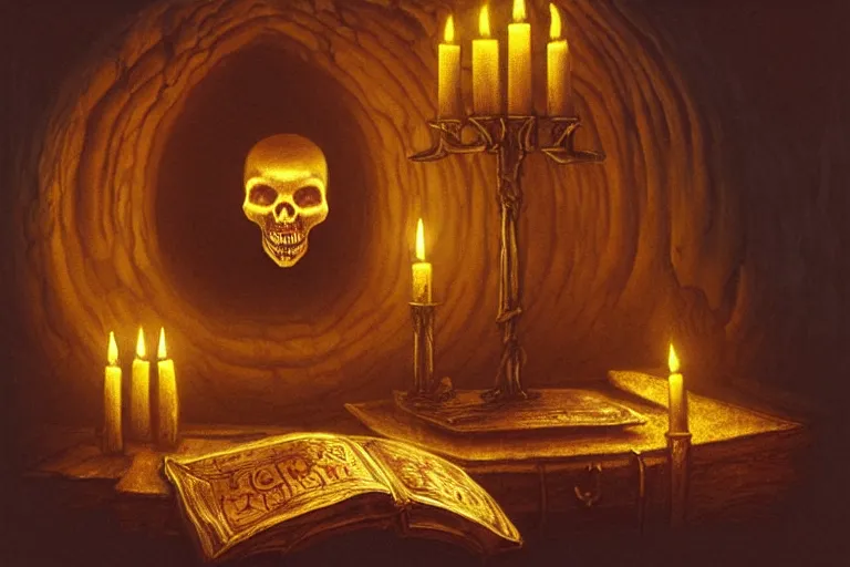 Prompt: hyper realistic illustration, dank spooky ancient underground dungeon with wooden bookcases, writing desk, tomes, books, scrolls and magic, there's a fabrege egg skull on the desk, illuminated by candles, fantasy, d&d, artstation, concept art, smooth, sharp focus by Tim Hildebrandt and Alex Horley and Wayne Barlowe