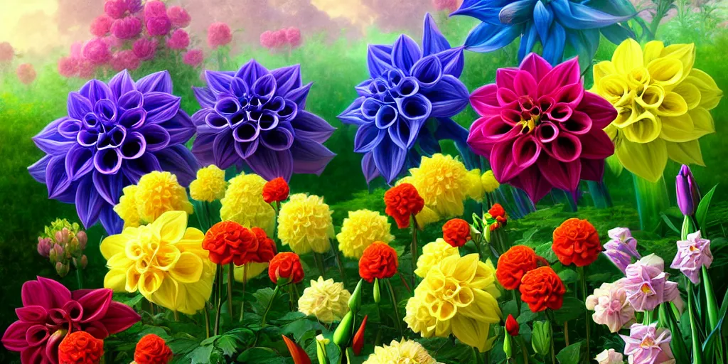 Image similar to multi color dahlia, delphinium, freesia, roses, gladiolus, pastel botanical painting, animal fairy, nature unique attractive, beautifully lit, by studio ghibli and albert bierstadt, 8 k volumetric lights unreal engine trending on art station