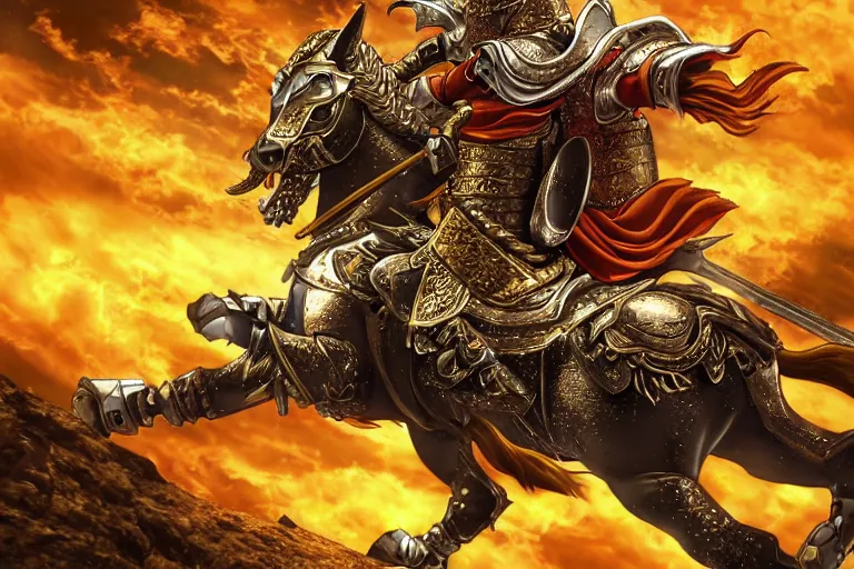 Prompt: an ultra detailed portrait of king richard the lionhearted as a shonen anime protagonist attacking riding a horse in gold armor, 8 k, volumetric lighting, in the style of disney, art by kentaro miura and akira toriyama