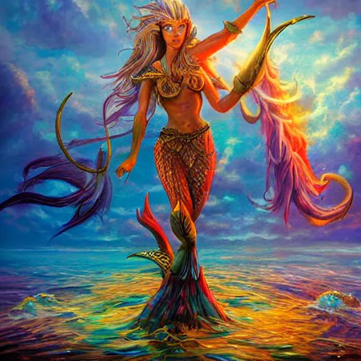 Image similar to warrior sea merfolk goddess full frame casting a spell, beautiful composition, wide angle, colorful, cinematic, volumetric lighting, intricate details painting