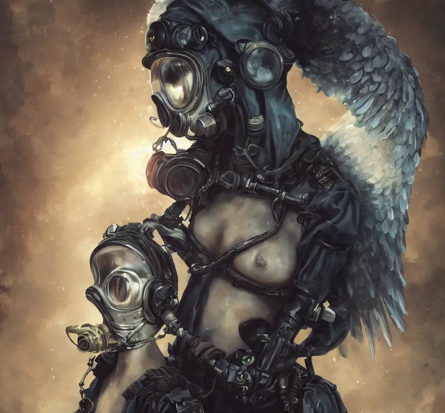 Prompt: angel in gasmask, detailed body, beautiful eyes, dark colors, acrilic paint, brush paint, heavenly atmosphere, paint, ultra detailed, beautiful image, resolution, artstation